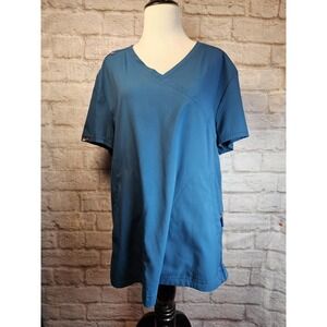 Koi Lite Womens Carribean Blue  Scrub Top  XL Slim Fit Mock Wrap Dobby 3 pockets